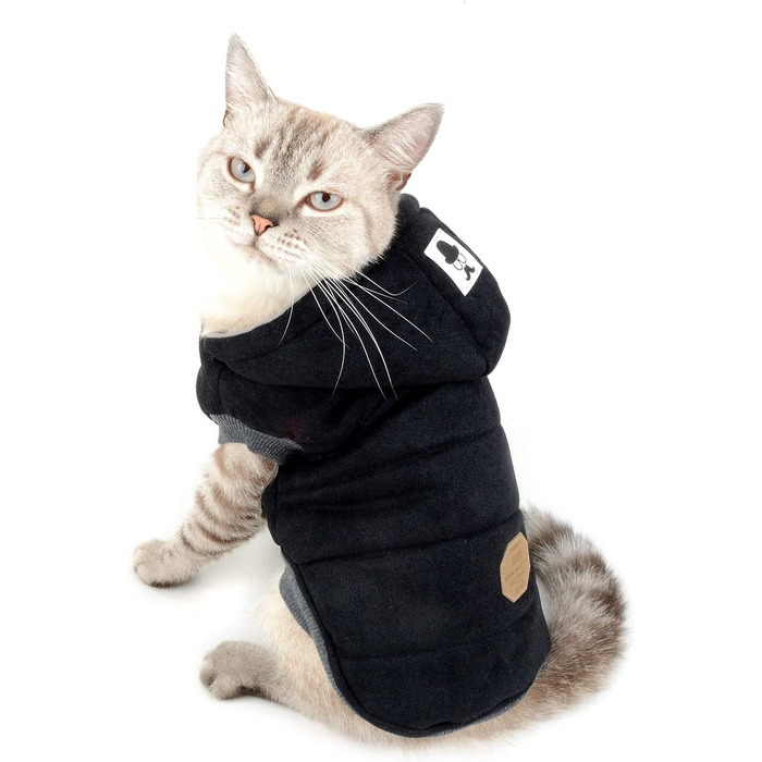 Зимова куртка для собак, тепла флісова підкладка, бавовняний халат для тварин, захист від вітру, капюшон, для котів та собак, чорний, розмір L (обхват грудей 42 см)