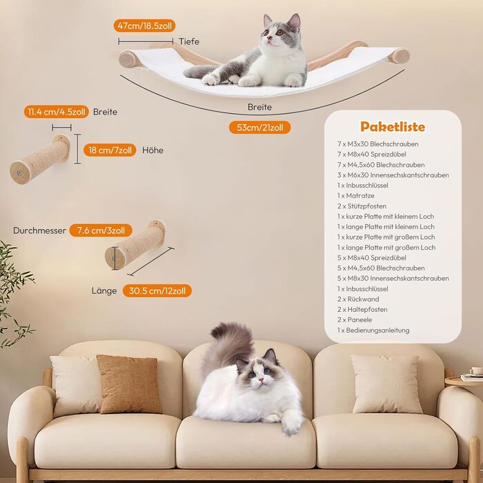 Настінна гамак для котів, комплект для лазіння з масиву дерева з котячою сходинкою - стабільне котяче ліжко, економне місце для сну, лазіння та відпочинку (гамак для котів + 2 сходинки)