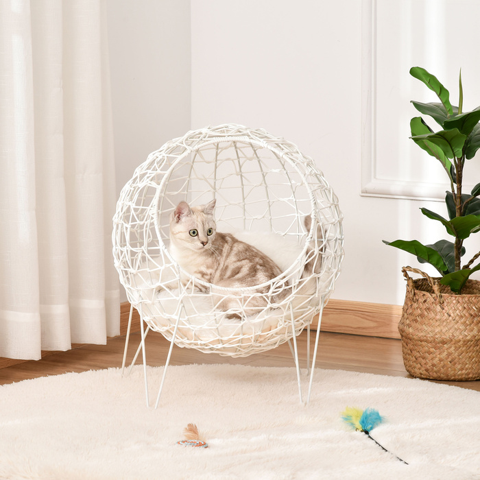 Кошик для кішок Pawhut з ротанга піднятий дизайн з подушкою, яку можна прати в пральній машині, кошик для кішок, кошики для кішок, кремово-білий, Ø45x57H см | Аосом