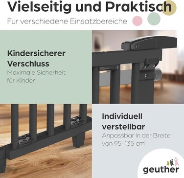 Захист для сходів Geuther Oris | Дверний захист для сходів з кріпленням, 2 клямки для поручнів, ширина, стабільне дерев'яне дитяче ворота, натуральний лак (чорний, 95-135 см)