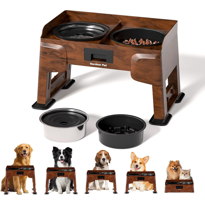 Підвищена годівниця для собак Gardner, 2-в-1: миска для води без розливання та миска для повільного годування з регульованою висотою, 5 рівнів, протиковзна годівниця для середніх та великих собак