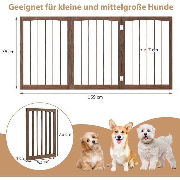 Захисний бар'єр для собак COSTWAY 3 секції, дерев'яний, 76 см, розкладний, для кухні, коридору, сходи, з сосни (коричневий)
