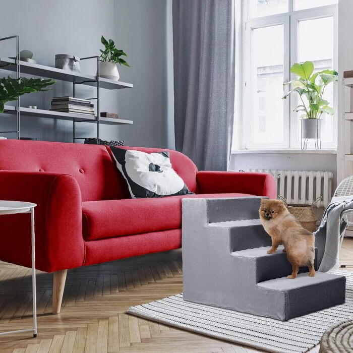 Сходинка для собак Mg Design з 4 ступенями сірого кольору – стабільна дерев'яна рамка, захищає суглоби, легка та мобільна, для диванів та ліжок, для собак та котів. Розміри: 57 x 40.5 x 45 см