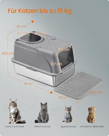 Сталевий лоток для котів Feandrea XL з кришкою, для великих котів до 15 кг, колір: голубино-сірий