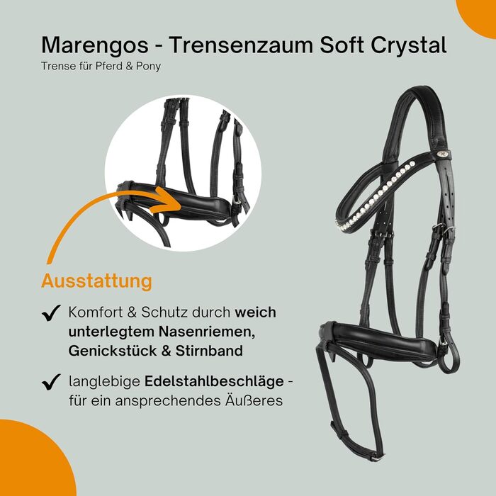 Анатомічна вуздечка Marengos Trensenzaum Soft Crystal з комбінованим англійським капсюлем із шкіри для коней і поні, чорна, з м'яким потиличником та повідцями