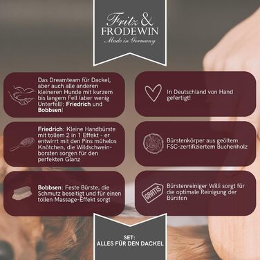 Набір щіток для собак Fritz & Frodewin 'Все для такси' | Преміум щітки для догляду за шерстю | Для щоденного догляду | З сертифікованого дерева FSC | З безкоштовним очищувачем | 100% Made in Germany
