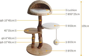 Драбинка для котів Bontoy Stella з дерева, 109 см: міцна, з великим лежанкою та іграшкою, 2 сходинки