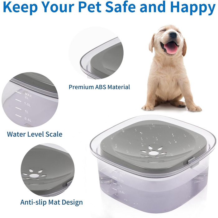 Миска для води для собак Decyam, 2L, не протікає, анти-розбризкування, срібна