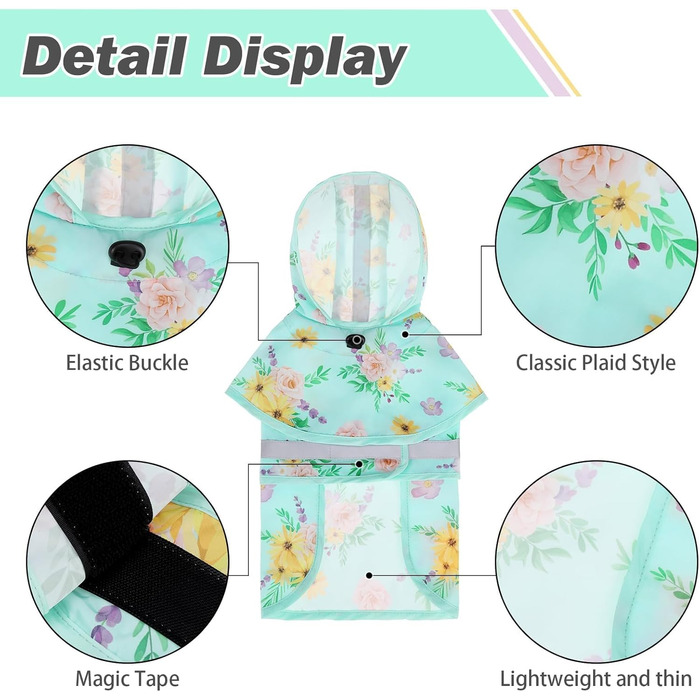 Дощовик для собак Kooltail з капюшоном, зелений (квітка), для маленьких та середніх собак, водонепроникний, з отвором для повідка