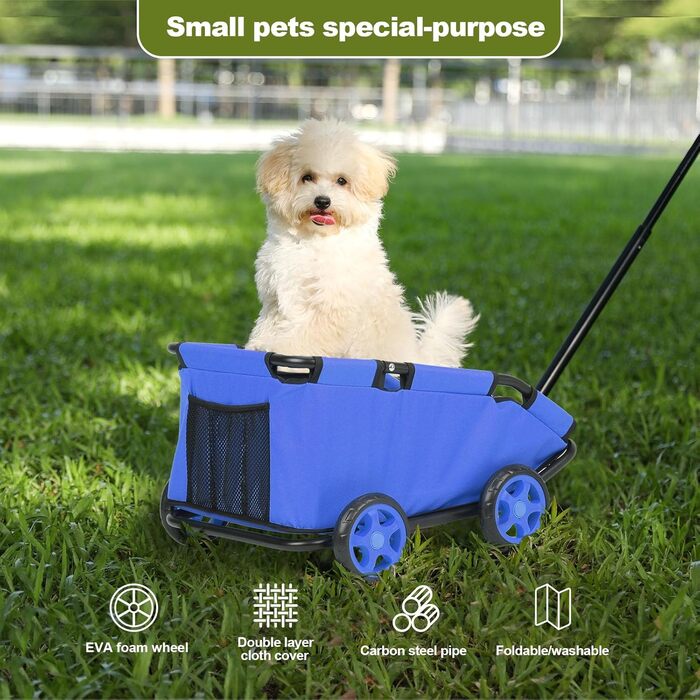 Міні-візок для тварин, складний багатофункціональний візок для покупок з висувним ручками, для прогулянок на вулиці, з подушкою та страхувальним тросом, з кишенькою (Блакитний)