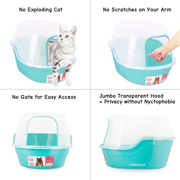 Petphabet XXL Туалет для котів з кришкою, велика закрита туалетна коробка для великих порід або кількох котів, бірюзовий, 63x48x43 см