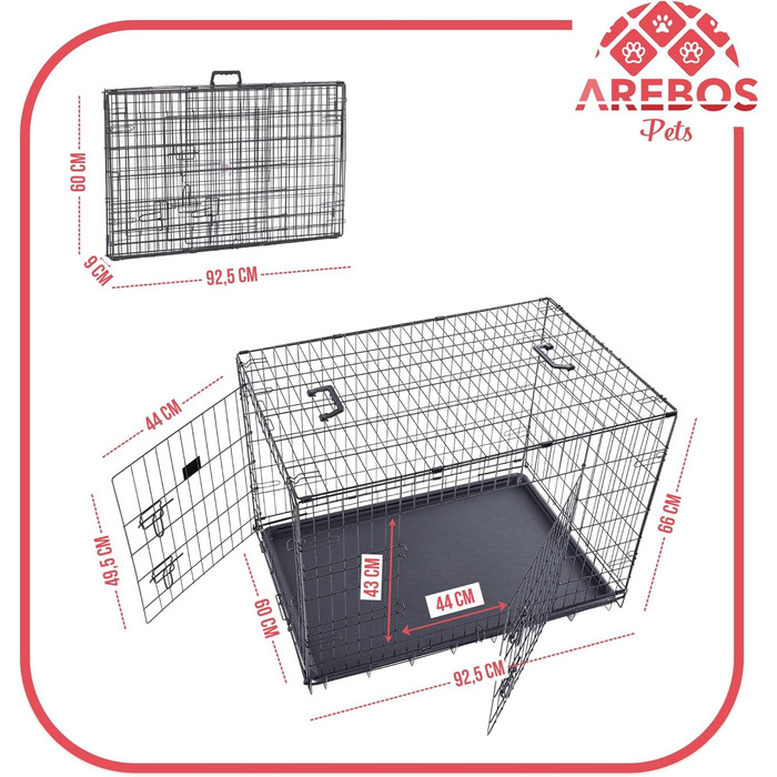 Клітка для собак Arebos | Транспортна переноска для собак, складана | Клітка-переноска для авто | Клітка для собак з 2 дверцятами | Чорна (92,5 x 60 x 66 см)
