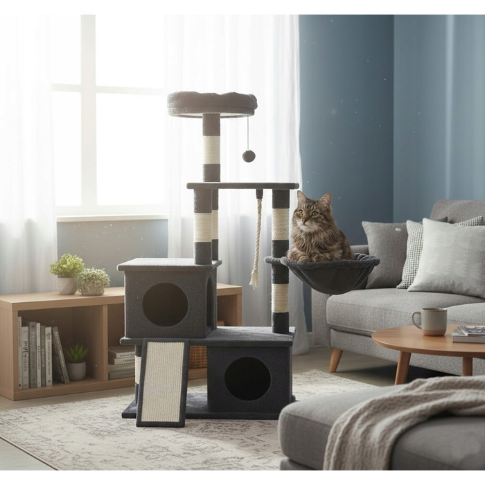 Ігровий комплекс для котів: будинок-драпак з 5 рівнями та стовпчиками, 115 см (F200)