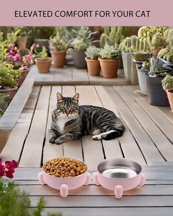 Миски для котів та собак з нержавіючої сталі, антиковзні, підняті, набір 2 шт (білі та рожеві)