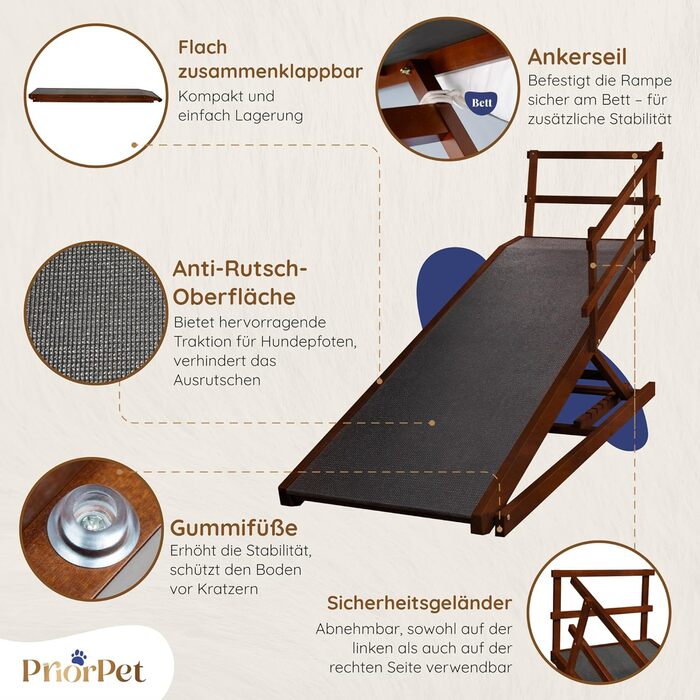 Східці для собак до ліжка з поручнями - для великих собак до 90 кг - регульована висота до 94.5 см - ширина 49,5 см - складані - антиковзні ручки - береза - натуральний колір (волоський горіх)