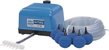 Повітряний насос AquaForte Hi-Flow V-30 для ставка, комплект з розподільниками, шлангом 25 м 4x6 мм і 6 повітряними каменями 5 см, продуктивність 7 л/хв на 2 м, для ставків до 18 м³