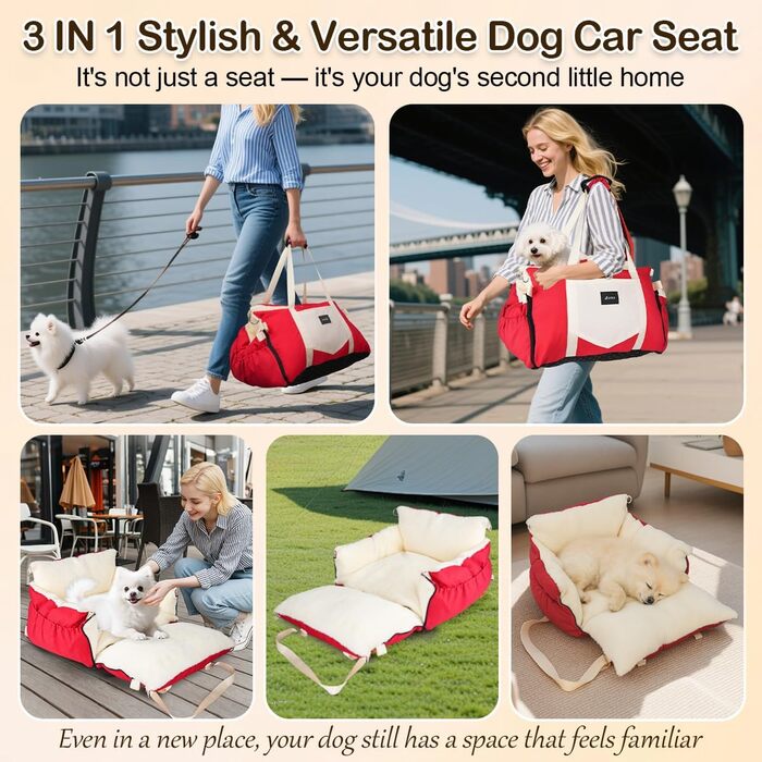 Автокрісло для собак 3-в-1 - переносна ліжко для маленьких собак, з розширеною лежачою поверхнею та м'яким матрацом, для переднього або заднього сидіння, внутрішнє та зовнішнє використання (червоний)