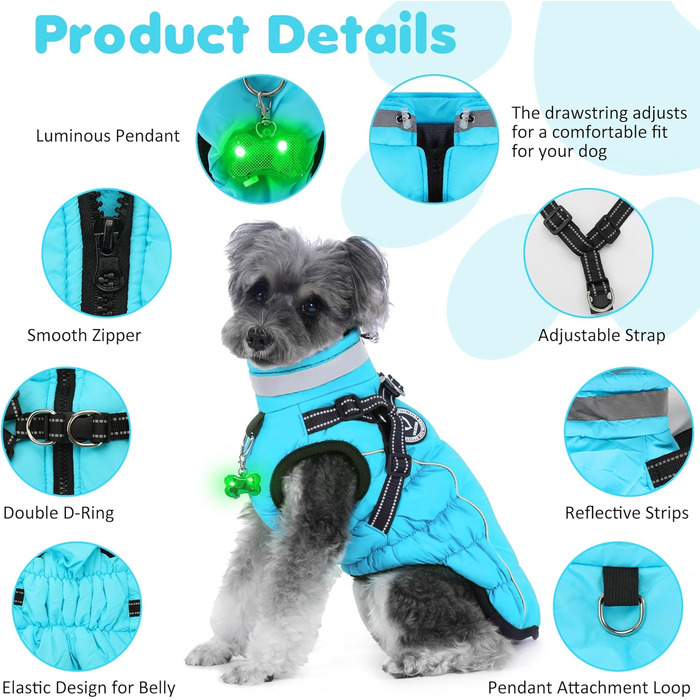 Зимовий одяг для собак HezzLuv: теплий водонепроникний одяг з LED-краваткою та світловідбиваючими смугами, розмір M, блакитний