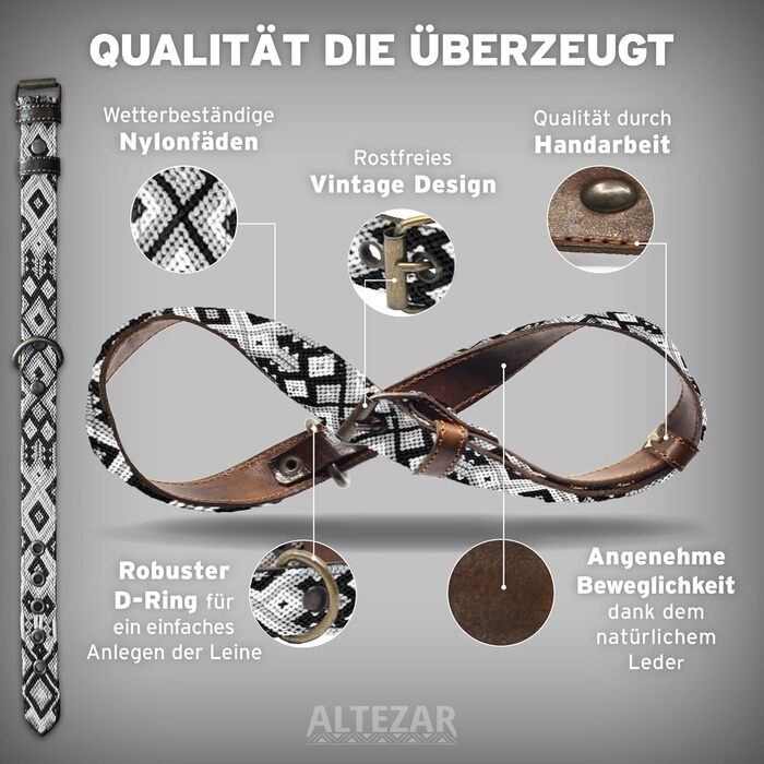 Шкіряний нашийник для собак ALTEZAR, коричневе рябе плетене рindleder, вишивка Tribal, ручна робота, Мексика, розмір S, для маленьких собак