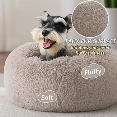 Заспокійливе ліжко для собак у вигляді пончика, м'який плюш, кругле ліжко для котів, зручне, м'яке, можна прати, подушка, самопідігріваюче ліжко для тварин з неслизьким дном, ліжко-гніздо для сну та відпочинку 60 x 60 x 20 см (Д x Ш x В) у кольорі тауп