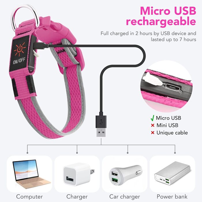 Світлодіодний нашийник для собак Bpawser, USB зарядка, рожевий, M, для середніх і великих порід, світиться для безпеки вночі