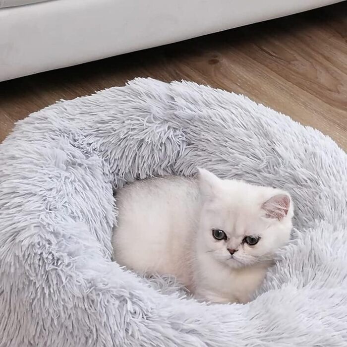 М'яке ліжко для собак та котів, кругла, з водонепроникним дном, 35 см (37x37x13 см), світло-сіра