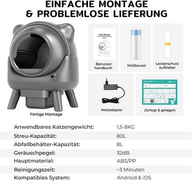 Автоматичний лоток для котів Cura X1: самоочищення, 80+8л, сенсори, контроль через додаток, для кількох котів