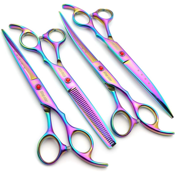 Професійний набір для стрижки тварин, 17.8 см, титан, різнокольоровий (радужний), прямий, поступово тоншаючий, вигнутий, 4-частинний набір для догляду за собаками (радужний)