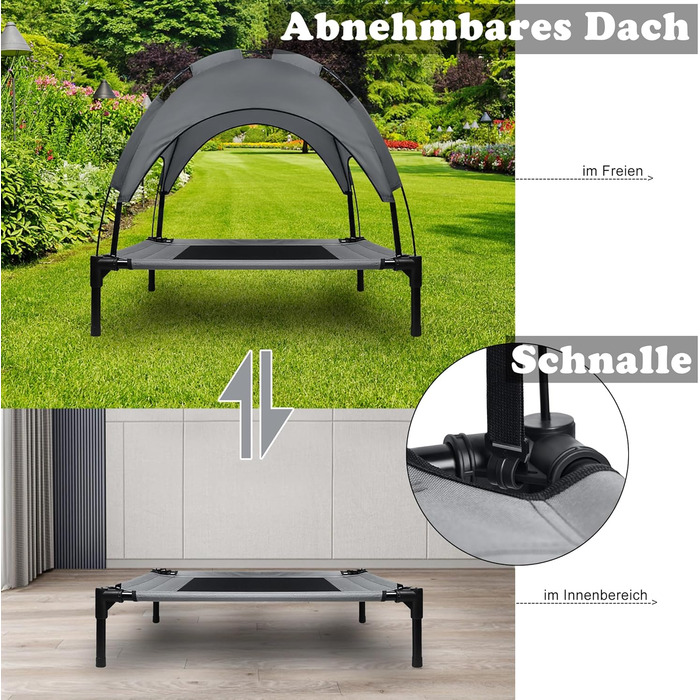 Підвищене собаче ліжко з дахом, сонцезахист, ліжко для тварин з балдахіном, лежанка для собак на вулицю, диван для собак, неслизькі підніжки, водонепроникний дах та дихаюча сітка, L 61x46x61cm (M-76x61x76cm)