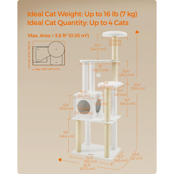 Кігтеточка Feandrea WoodyWonders для котів, багатоярусна, сіра, з подушками, 22.8 x 15.7 x 65 см