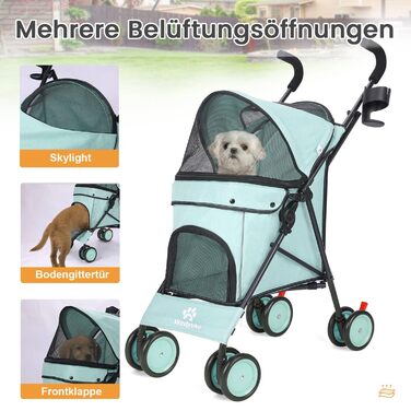 Візок для собак Regenschirm Hundebuggy для маленьких собак 10-9 кг, розкладний, легкий, 4.1 кг, з подвійним плечовим ременем, кошиком для зберігання, тримачем для напоїв, Темно-зелений (Блакитно-зелений)
