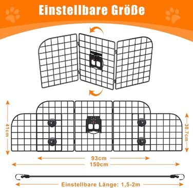 Сітка для собак у машину Denmay, універсальна, 30.7 x 93-150см, регульована ширина, з дверцею, 2 ремені безпеки, чорна
