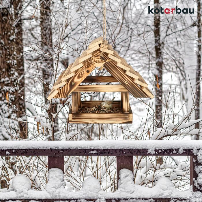 KOTARBAU® дерев'яна годівниця для птахів з обпаленого дерева, підвісна, з 0,5 кг корму у подарунок