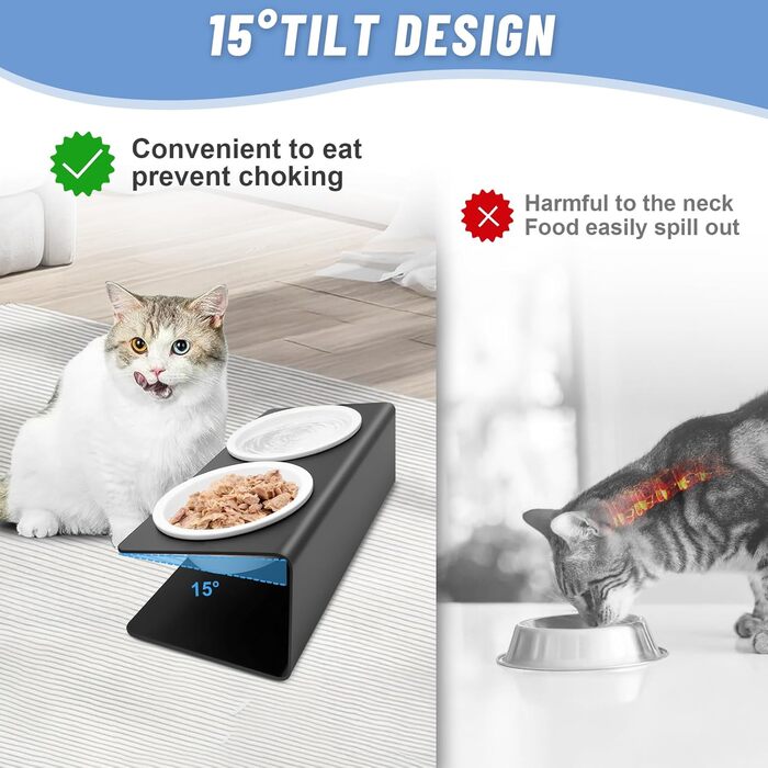 Підвищена годівниця для котів 2 шт. з кераміки на металевому стійці - годівниця для котів та цуценят, набір для корму та води