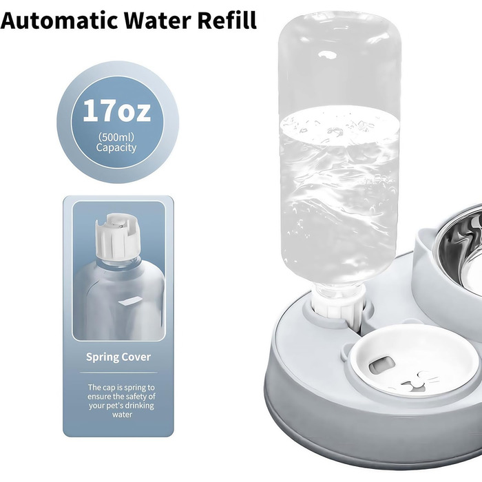 Набір мисок для котів Marchul 3 в 1: годівниця, поїлка з дозатором, миски з нержавіючої сталі, нахил 15°, для котів та собак маленьких та середніх порід (сірий)