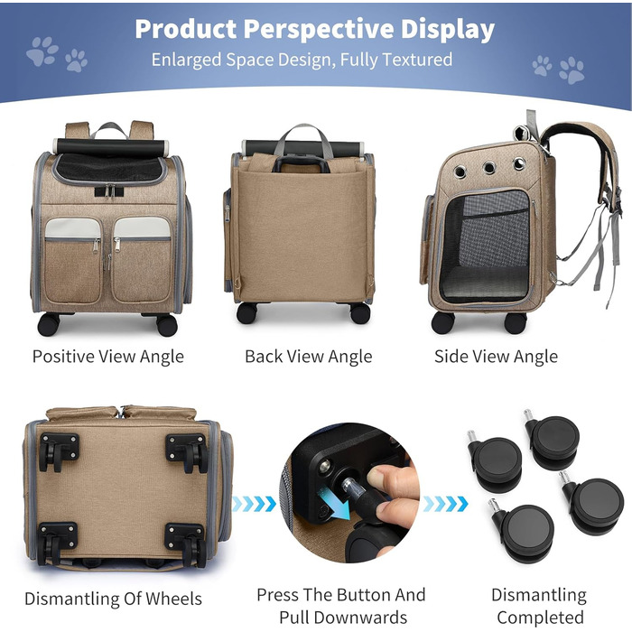 Рюкзак-переноска для кота та собаки PETCUTE з візком 2 в 1 до 11 кг, складаний, з витяжною підстилкою, багатофункціональний, дихаючий, для кошенят та цуценят (Хакі)