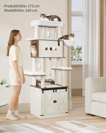Драбина-кіготь для котів з туалетом, годівницею, 173 см, велика платформа, мотузка сизаль, гамак, знімний килимок, іграшки-кульки, білий та коричневий колір CB89014WT
