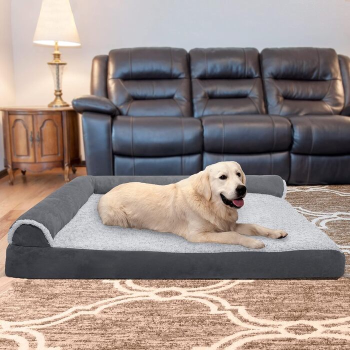 Ліжко для собак Furhaven XXL з ортопедичним матрацом Memory Foam, двоколірний штучний хутро та замша, Г-подібний диван, знімний і праний чохол, сірий, розмір Jumbo Plus (XXL)