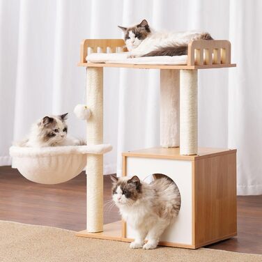 Дерев'яна кігтеточка Heybly HCT007SSR для котів: кігтестоїка-стійка з платформою 30x50 см, будиночком та 2 сизалевими стовпчиками, коричнева