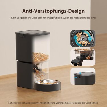 Автомат для годування котів та собак, 5л, чорний. Інтелектуальний диспенсер з програмуванням до 10 прийомів їжі на день