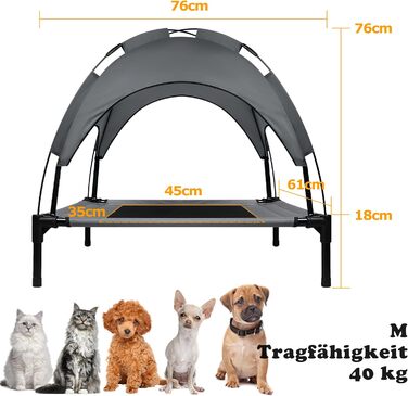 Підвищене собаче ліжко з дахом, сонцезахист, ліжко для тварин з балдахіном, лежанка для собак на вулицю, диван для собак, неслизькі підніжки, водонепроникний дах та дихаюча сітка, L 61x46x61cm (M-76x61x76cm)