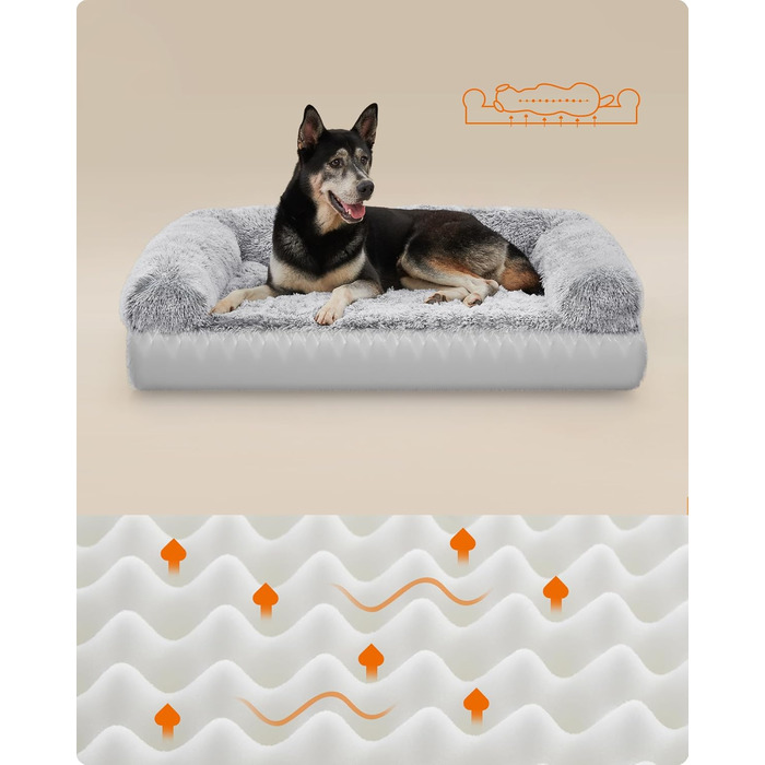 Ліжко для собак Feandrea FluffyHug XL, ортопедичне, знімний та праний чохол, для середніх і великих порід, 106x80x23 см, омбре-сірий