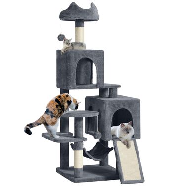 Кігтеточка YITAHOME XL, 137 см, з 2 сизалевими стовпчиками, 1 платформою, 2 печерами, гамаком, плюшевими кульками та кігтедробилками. Кліматична кігтеточка для котів (45 x 45 x 137 см, темно-сірий)