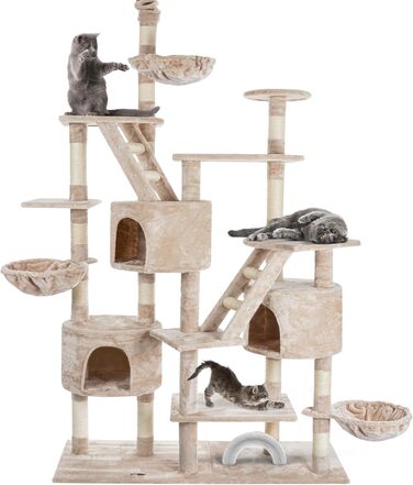 Високий килимок-дерево для котів HAPPYPET SAM 260 см, XXL, бежевий, для кількох котів, стійкі стовпи 8 см, лежанки, будиночки, аксесуари