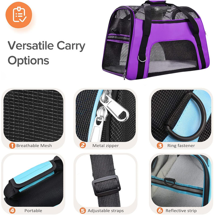 Переноска для тварин Galatée, переноска для собак та котів, дихаючий матеріал, для подорожей, складана, фіолетовий (M)