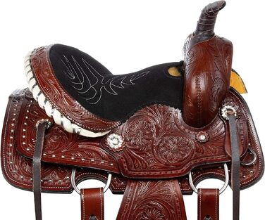 Вестерн-сідло Barrel Racer з тисненням для шоу, прогулянок і трейл-райдингу, шкіра, розмір для коня і поні, сидіння 25,4-45,7 см