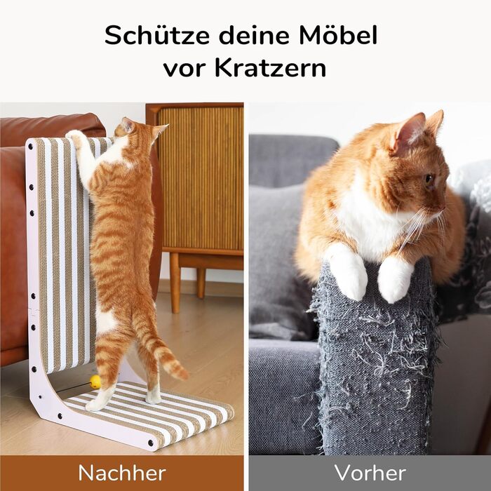 Котячий когтеточка FUKUMARU L-подібної форми, 68 см, з візерунком смуг, з іграшкою, для стіни та кута, з міцного картону