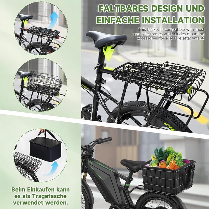 Знімний задній кошик для велосипеда, складний кошик на багажник, великий кошик для велосипеда, шкільний рюкзак, E-Bike, кошик для собак, сірий