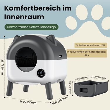 Автоматичний лоток для котів з самоочищенням 65л, 9 сенсорів, керування через додаток, захист від защемлення (сірий)