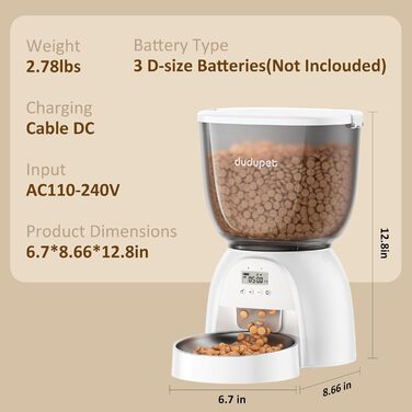 Автомат для годування котів, інтелектуальний диспенсер корму для котів та собак, просте керування, 1-6 прийомів їжі на день, подвійне живлення, 5л (білий сріблястий)